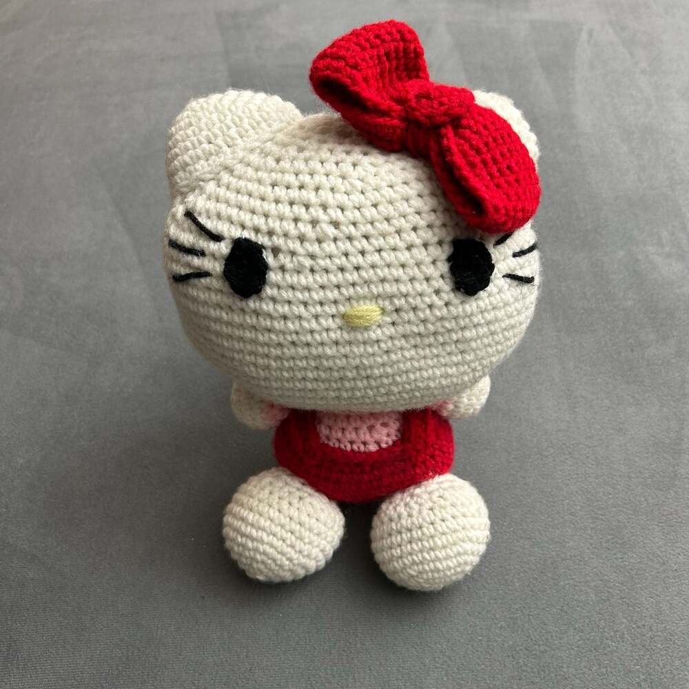 Handmade Crochet Hello Kitty Amigurumi Stuffed Doll with Red Bow and Overalls